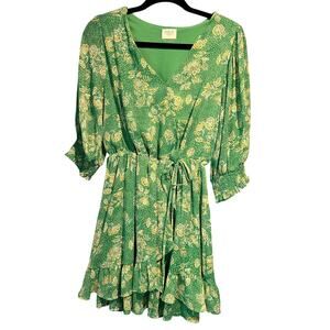 Sienna Sky Size Large Cottage Fairy Green Yellow Floral Dress Sheer Lined Wrap